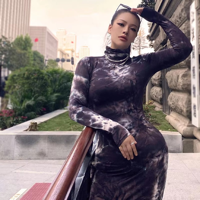 Autumn High Neck Long Sleeve Slim Fit Bodycon Dress for Women