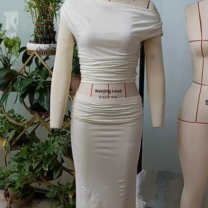 Asymmetric Ruffle Crop Top and High Waist Split Maxi Skirt Set