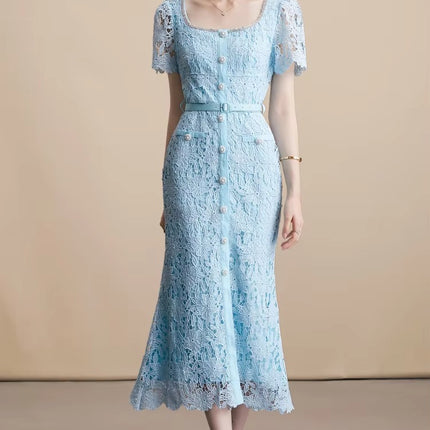 Chic Square Neck Lace Fishtail Evening Party Dress Women