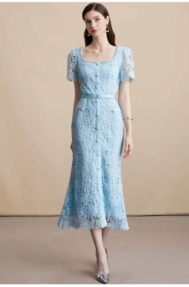 Chic Square Neck Lace Fishtail Evening Party Dress Women