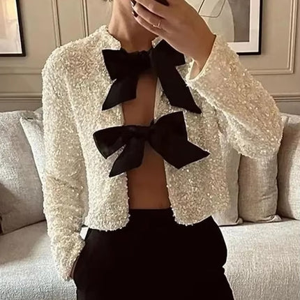 Women’s Sequined Cropped Jacket Y2K Shiny Tie-Front Party Coat Long Sleeve