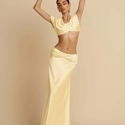 Chic Satin Crop Top & Pleated Maxi Skirt Set – Elegant 2 Piece
