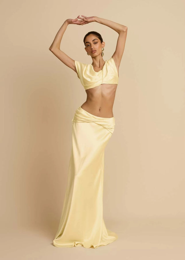 Chic Satin Crop Top & Pleated Maxi Skirt Set – Elegant 2 Piece