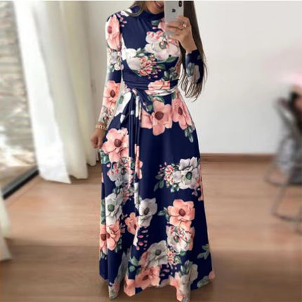 Autumn Winter Printed Long Dress for Women with Waist Tie Casual Fit