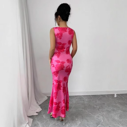 Women’s Floral Chiffon Maxi Dress Sleeveless Elegant Party Wear