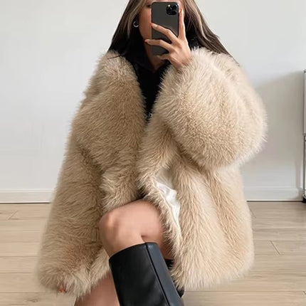 Winter Faux Fox Fur Coat for Women Thick Warm Long Sleeve Jacket