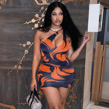 Summer Slant Neck Sleeveless Mini Dress with Sexy Hollow Print Fit