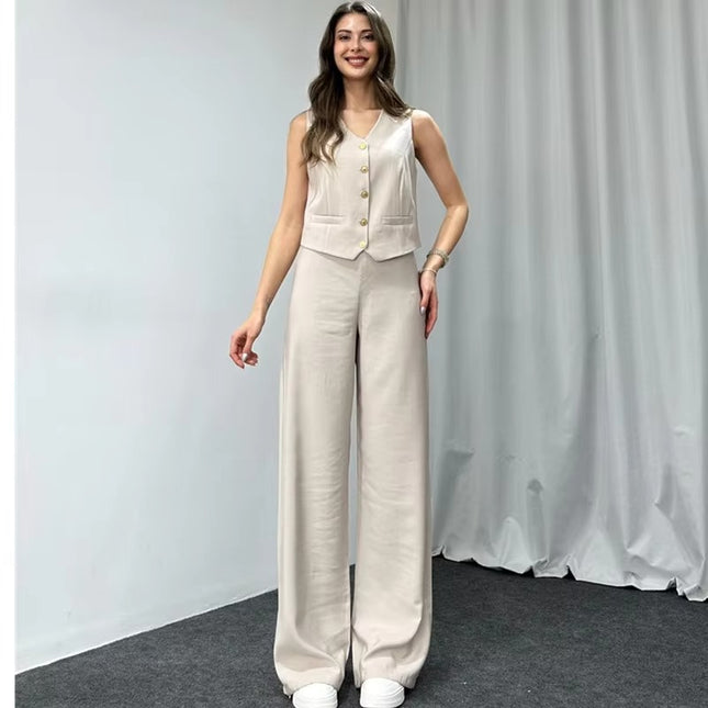 Women’s V-Neck Vest & Straight Pants Two-Piece Summer Set