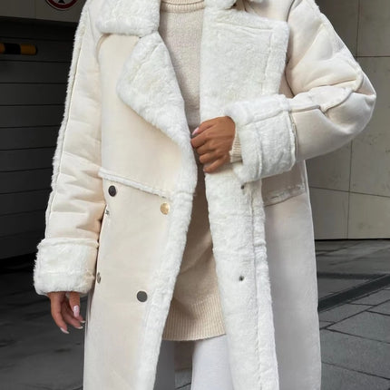 Beige Faux Chamois Long Coat for Women Oversized Warm Office Jacket