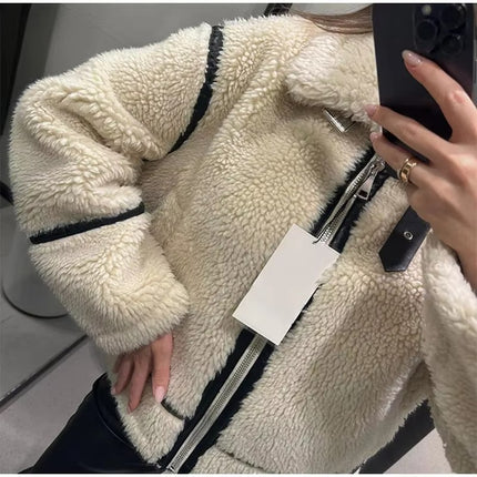 Women Faux Fur Biker Jacket Thick Warm Vintage Long Sleeve Winter Coat