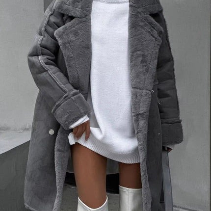 Beige Faux Chamois Long Coat for Women Oversized Warm Office Jacket