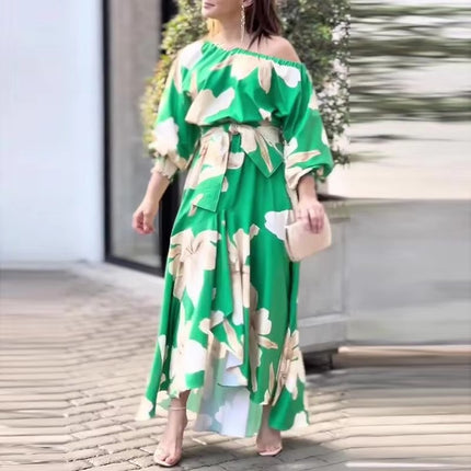 Elegant Off Shoulder Floral Dress with Elastic Waist and Short Sleeves