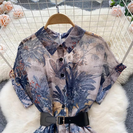 Summer Floral Print Dress for Women with Collar and Short Sleeves Elegant Fit