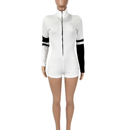 Women’s Zip-Up High Neck Knit Jumpsuit Bodycon Motorcycle Style