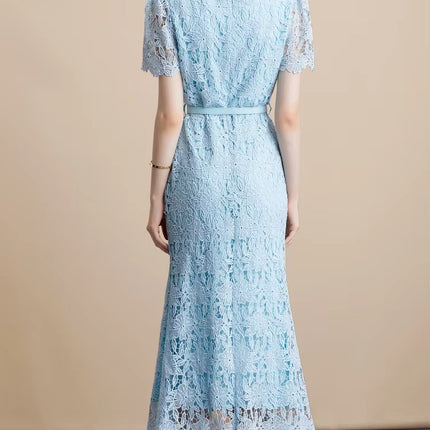 Chic Square Neck Lace Fishtail Evening Party Dress Women