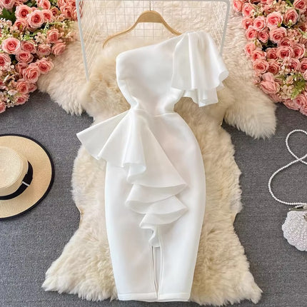 Elegant Off-Shoulder Slit Dress with Defined Waist for Evening & Events