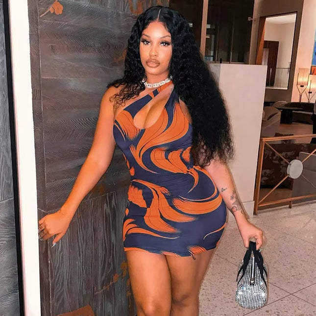 Summer Slant Neck Sleeveless Mini Dress with Sexy Hollow Print Fit