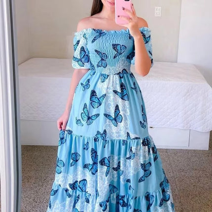 Women’s Off-Shoulder Floral Tube Summer Dress with Butterfly Print