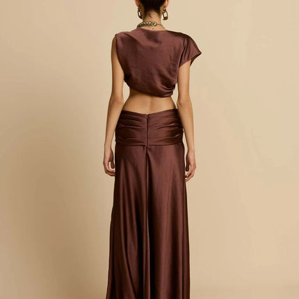 Chic Satin Crop Top & Pleated Maxi Skirt Set – Elegant 2 Piece
