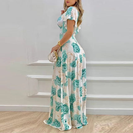Women’s V-Neck Printed Maxi Dress High Waist Summer Commuter Style