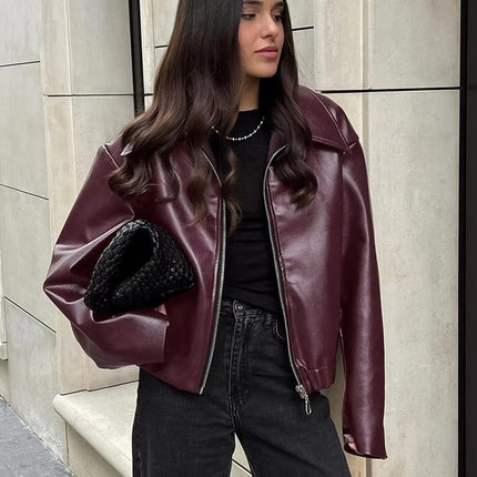 Vintage PU Leather Zipper Jacket for Women Retro Long Sleeve Coat