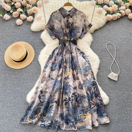 Summer Floral Print Dress for Women with Collar and Short Sleeves Elegant Fit