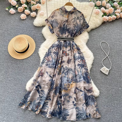 Summer Floral Print Dress for Women with Collar and Short Sleeves Elegant Fit
