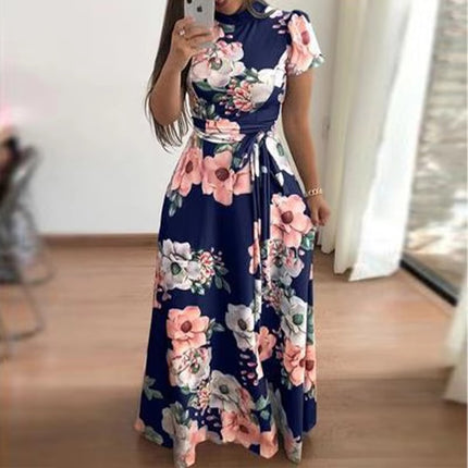 Autumn Winter Printed Long Dress for Women with Waist Tie Casual Fit