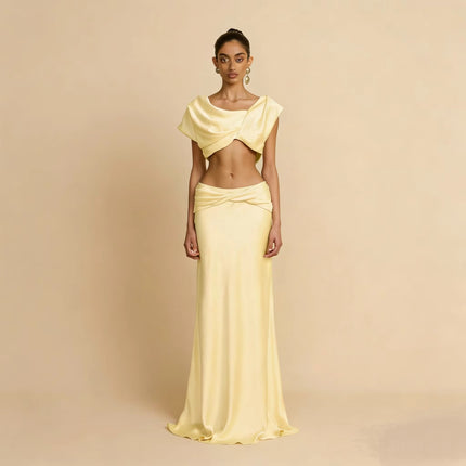 Chic Satin Crop Top & Pleated Maxi Skirt Set – Elegant 2 Piece