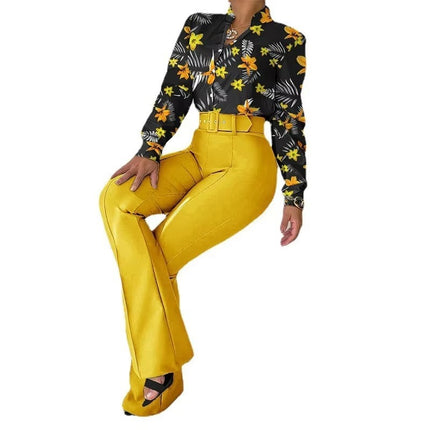 Spring 2 Piece Women’s Shirt and Wide Leg Pants Set Elegant Fit