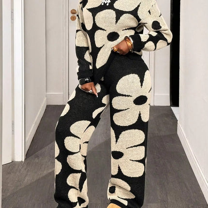 Winter Korean European American Flower Knit Long Sleeve Top Loose Casual