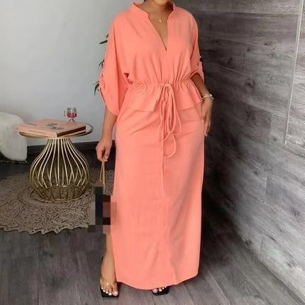 Women’s Summer V Neck Lace Up Slit Dress Elegant European Style