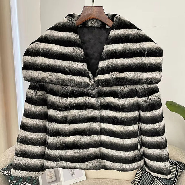 Women’s Chinchilla Fur Coat Thick Warm Rex Rabbit Fur with Big Collar