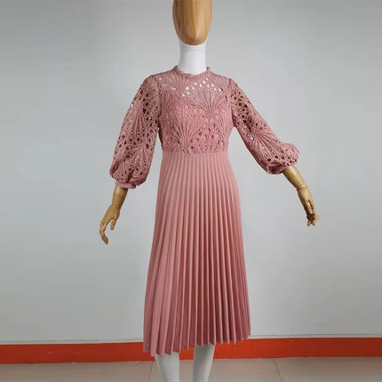 Women’s Lace Crochet Hollow Pleated Maxi Dress Elegant Summer Style