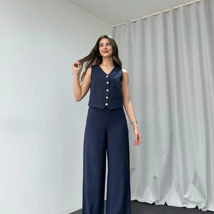 Women’s V-Neck Vest & Straight Pants Two-Piece Summer Set