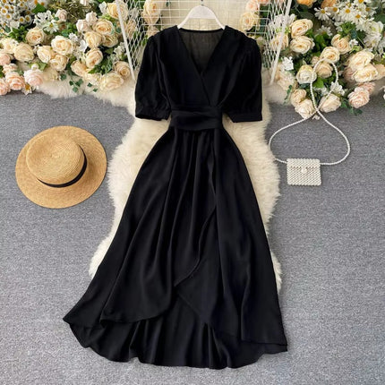 Summer Solid Color V Neck High Waist Puff Sleeve Ruffle Dress