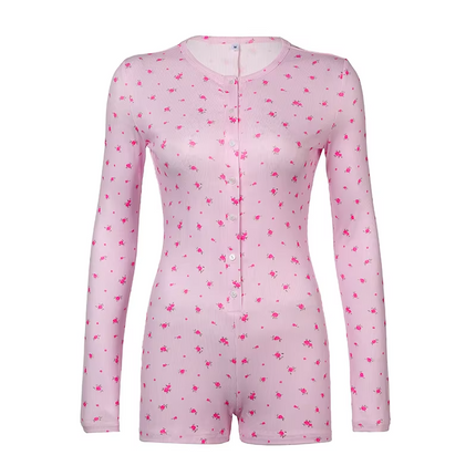 Floral Buttoned Knit Jumpsuit for Women | Casual Slim Fit Long Sleeve