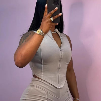 Women’s Summer Sleeveless V-Neck Zipper Top & High Waist Shorts Set 2025