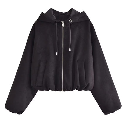 Women’s Hooded Zip Jacket Spring Autumn Solid Color Short Coat