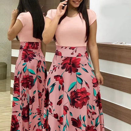 Summer Floral Colorblock Maxi Dress for Women with Short Sleeves