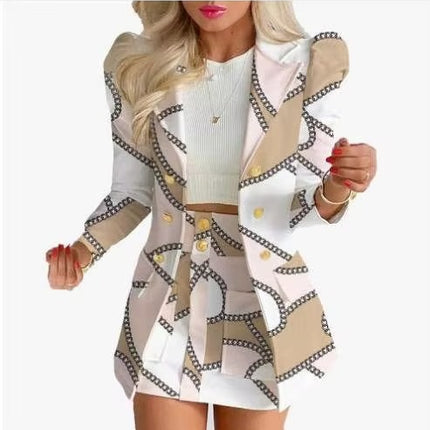 Women’s Printed Long Sleeve Jacket and Pants Business Suit Set