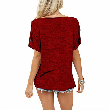 Women’s Off-Shoulder Button T-Shirt Loose Fit Short Sleeve Spring Top