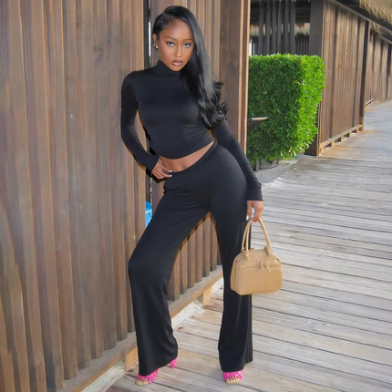 Women’s Autumn Winter Two Piece Set High Neck Top & Straight Pants