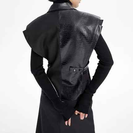 Women’s V Neck Sleeveless Leather Waistcoat Casual Spliced Hollow Vest