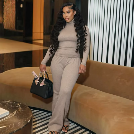 Women’s Autumn Winter Two Piece Set High Neck Top & Straight Pants