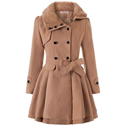 Women’s Mid-Length Wool Coat Double Breasted Belted Winter Jacket