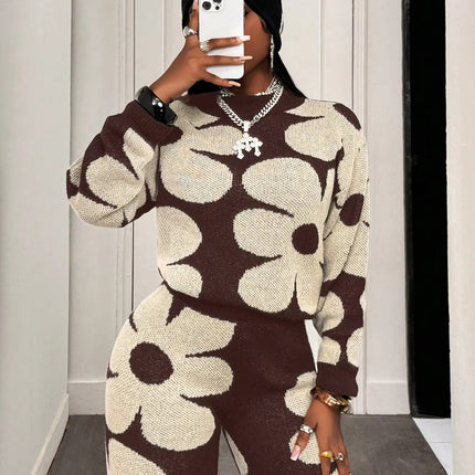 Winter Korean European American Flower Knit Long Sleeve Top Loose Casual