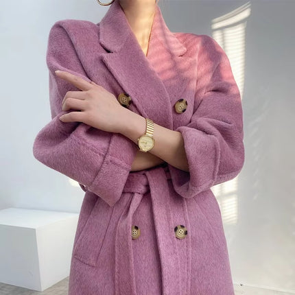 Women’s Double Breasted Wool Cashmere Long Winter Coat Korean Style