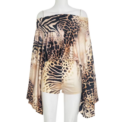 Women's Gradient Leopard Off Shoulder Flared Sleeve Fitness Jumpsuit