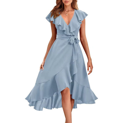 Women’s Summer V-Neck Lace-Up Midi Dress with Short Sleeves